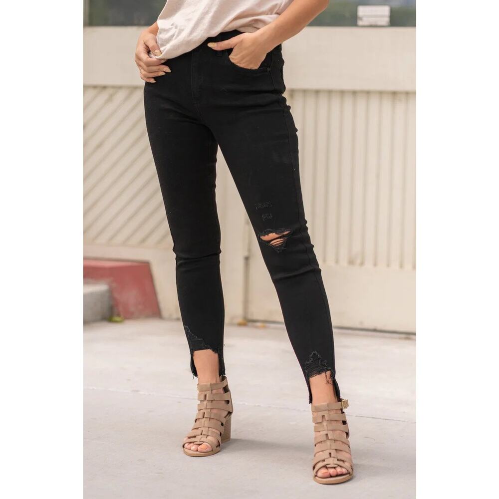 Kancan High Waisted Step Hem Distressed Skinny Jeans Black Sz 5/26 NEW